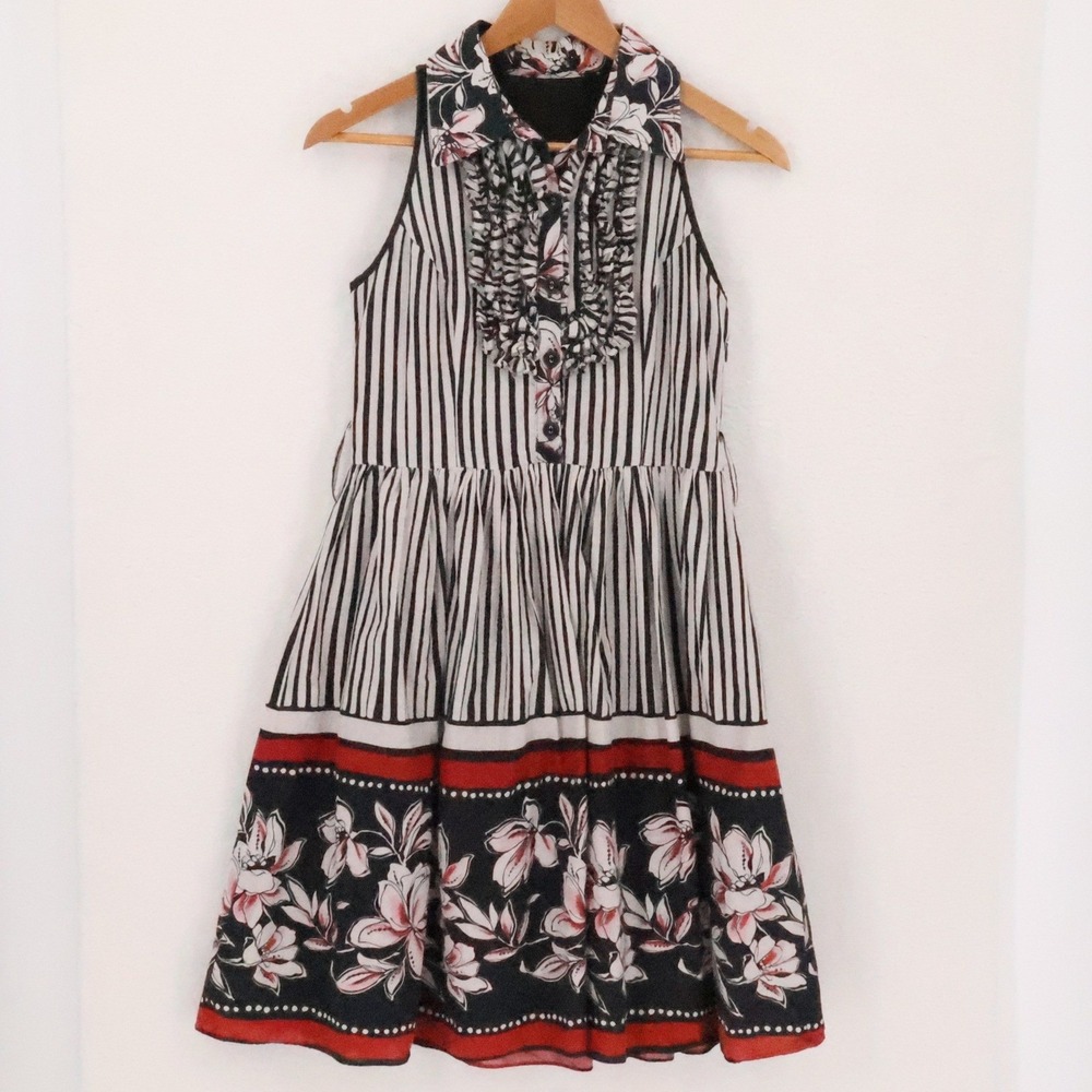 Striped Floral Ruffle Dress Womens Size S Black White Red Cotton Sleeveless